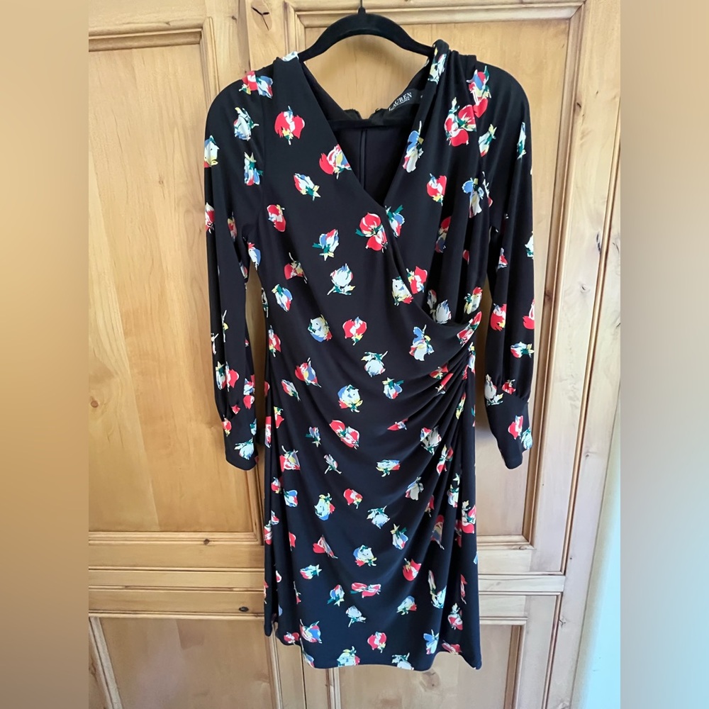 Lauren Floral Black Dress ruched side long sleeve stretch